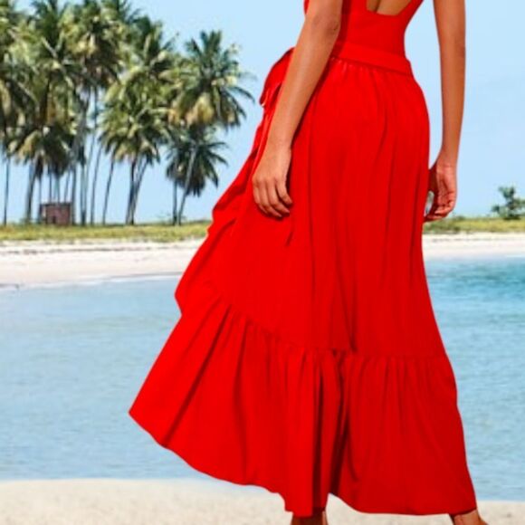 New Elegant Red Ruffle Wrap Cover Up Skirt - Picture 5 of 11